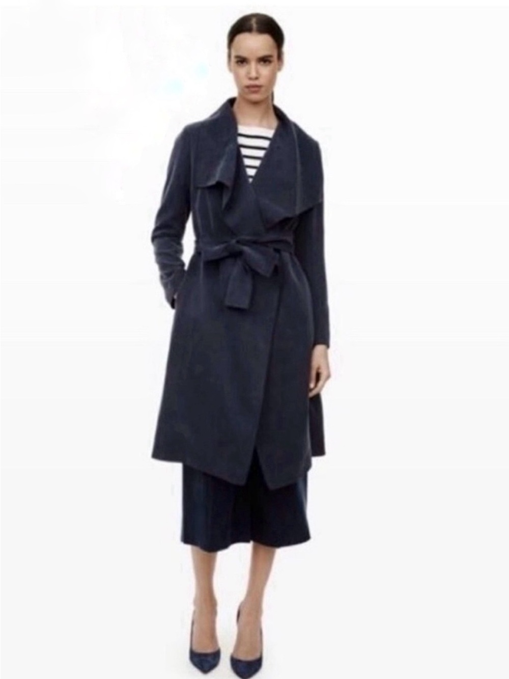 Club Monaco Navy Draped Trench Coat with Tie Belt